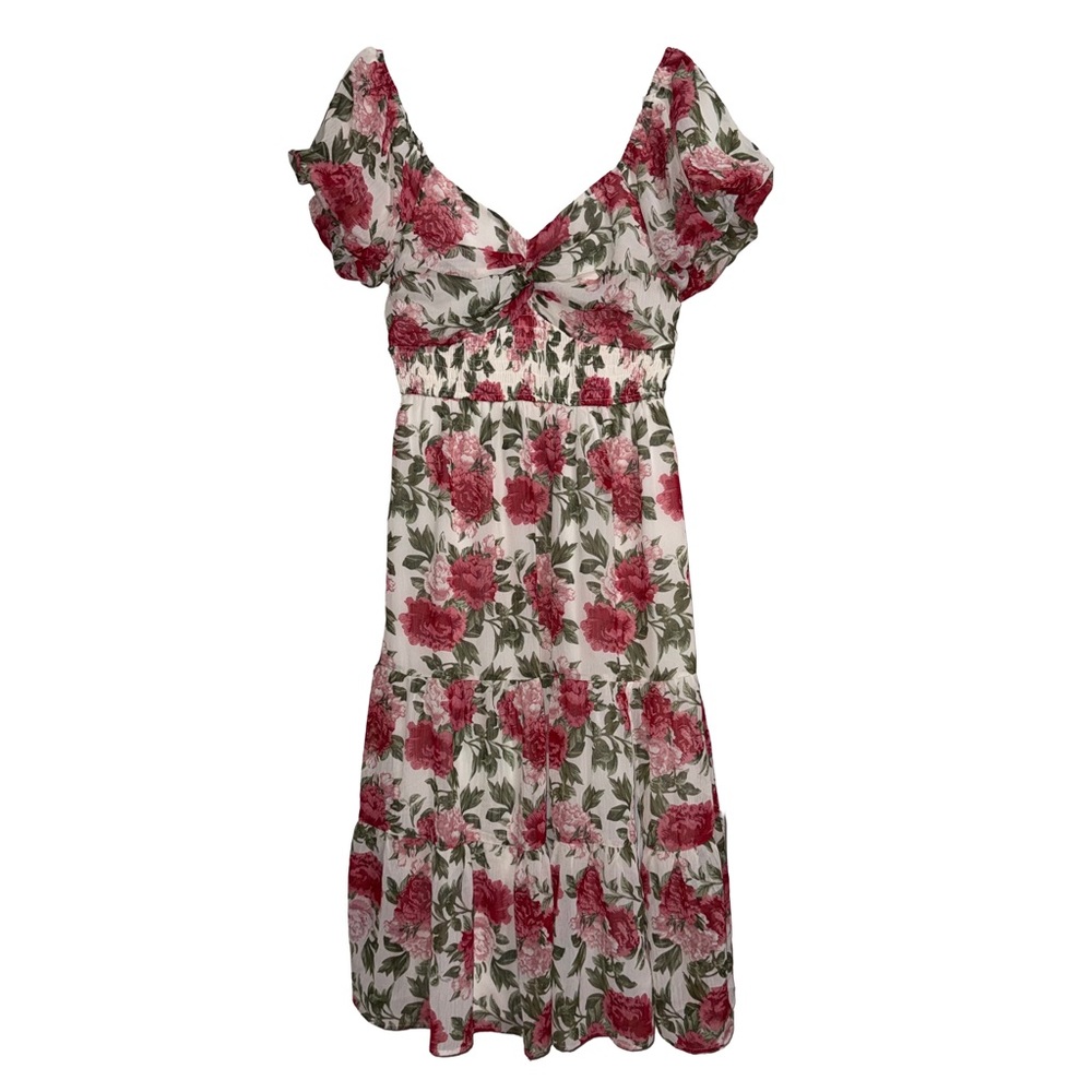 Trixxi Floral Smocked Puff Sleeve Tiered Midi Dress Cottagecore Romantic Garden